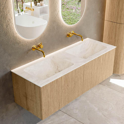 MONDIAZ KURVE-DLUX 130cm Meuble salle de bain - couleur Oak - 2 tiroirs - vasque LEAF double - sans trou de robinet - couleur Frappe