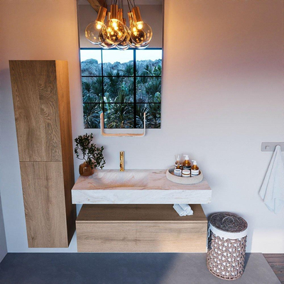 Mondiaz ALAN-DLUX Ensemble de meuble - 110cm - meuble Washed Oak mat - 1 tiroir - Lavabo Cloud Frappe suspendu - vasque Gauche - 1 trou de robinet