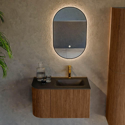 MONDIAZ KURVE 75cm Meuble salle de bain avec module 25 G - couleur Walnut - 1 tiroir - 1 porte - vasque GRUNNE droite - 1 trou de robinet - Urban