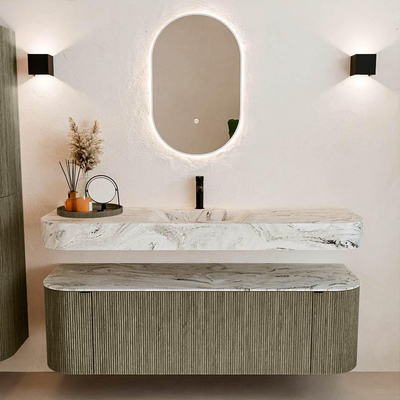 MONDIAZ THOR-DLUX 150cm badmeubel ronding links + rechts kleur Shadow met 1 lade en 2 deuren. Vrijhangende wastafel CLOUD Midden 1 kraangat kleur Glace.