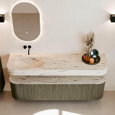 MONDIAZ THOR-DLUX 170cm meuble de salle de bains arrondi gauche + droite couleur Shadow avec 1 tiroir et 2 portes. Vasque suspendue CLOUD Gauche sans trou de robinet couleur Nata.