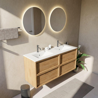 Saniclass Holz Frame Ensemble de meubles de salle de bains - 140x45x62cm - Vygo lavabo en céramique blanc - 2 vasques - 2 trous de robinetterie - 4 tiroirs - chêne natural brillant (bois)