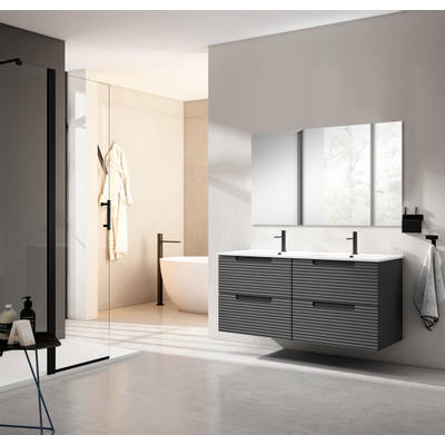 Saniclass Prime Balance Meuble de salle de bain - 120x55x45cm - 2 vasques rectangulaires en céramique blanc - 2 trous de robinet - 4 tiroirs - miroir rectangulaire - mat anthracite