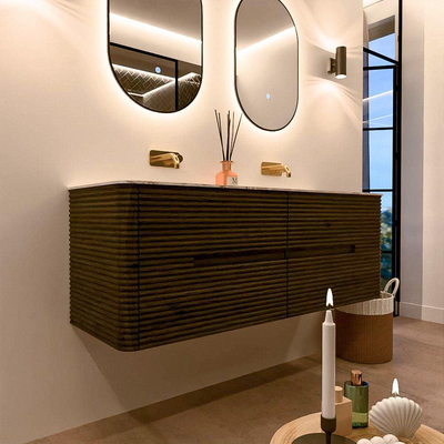 Mondiaz CIRO-DLUX Ensemble de meubles de salle de bains - 140x45x50cm - lavabo en solid surface Meli - 2 vasques Double - sans trous de robinet - 4 tiroirs - Shadow