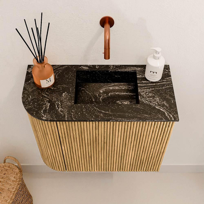 Mondiaz JOYA-DLUX 51.6cm toiletmeubel - ronding links kleur Oak - Wastafel FAYE positie Rechts Zonder kraangat kleur Lava.