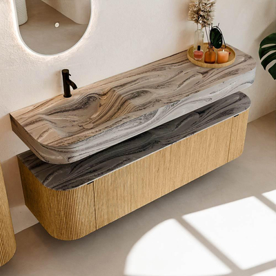MONDIAZ THOR-DLUX 160cm badmeubel ronding links + rechts kleur Oak met 1 lade en 2 deuren. Vrijhangende wastafel CLOUD Links 1 kraangat kleur Sombra.