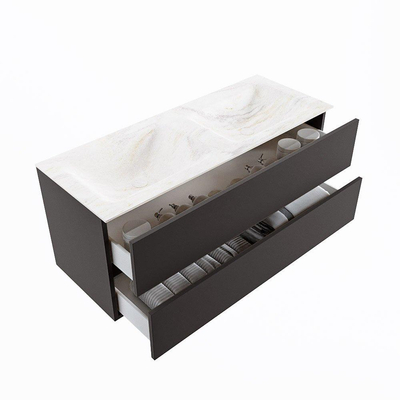 Mondiaz VICA-DLUX ensemble de meuble de salle de bain - 120cm - meuble sous-vasque gris foncé - 2 tiroirs - lavabo encastré cloud double - sans trous de robinet - version haute de 60cm - ostra