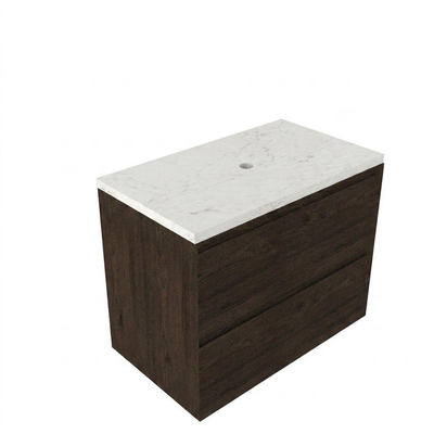 Saniclass Holz Pure Ensemble de meubles de salle de bains - 80x45x63cm - plan vasque en marbre Dia poli (blanc) - sans trou de robinetterie - 2 tiroirs - chêne charcoal mat (bois)