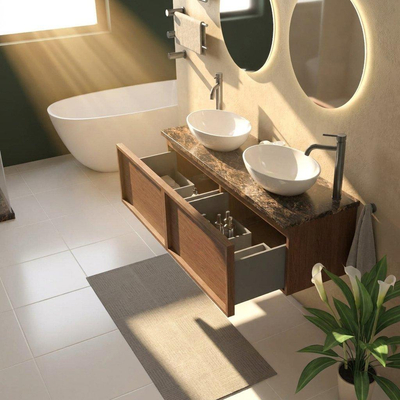 Saniclass Holz Frame Ensemble meuble de salle de bains - 140x45x43cm - Plan de travail en pierre naturelle Noche dark emperador - 2 trous de robinetterie - 2 tiroirs - walnut pure mat (bois)