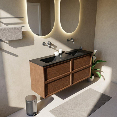 Saniclass Holz Frame Ensemble meuble de salle de bains - 140x45x62cm - lavabo Vygo en céramique noir - 2 vasques - sans trous de robinetterie - 4 tiroirs - mat walnut pure (bois)