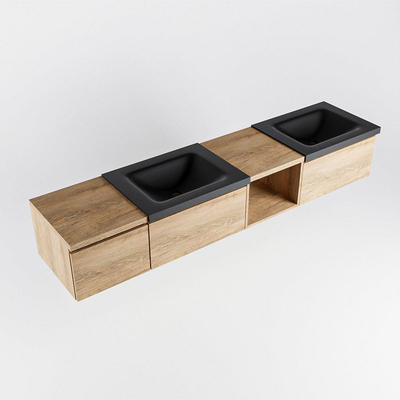 MONDIAZ BUKLA 200cm ensemble de meuble avec module ouvert 40 à droite couleur Chêne blanchi avec 3 tiroirs. Lavabo CLOUD double 2 trous de robinet couleur Urbain.