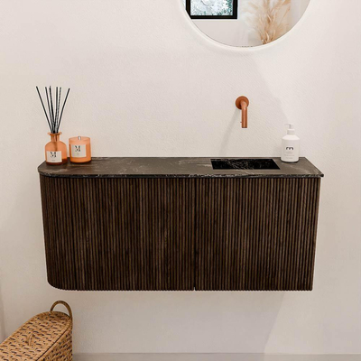 Mondiaz JOYA-DLUX 91.6cm toiletmeubel - ronding links kleur Walnut - Wastafel FAYE positie Rechts Zonder kraangat kleur Lava.