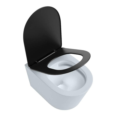 Mondiaz LAVIE hangtoilet – spoelrandloos – 36 x 53 cm – met softclose zitting – Clay (lichtblauw/grijs), zitting Urban (zwart)