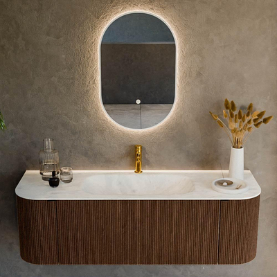 MONDIAZ KURVE-DLUX 140cm badmeubel met module 25 Len R kleur Walnut met 1 lade en 2 deuren. Wastafel BIG SMALL midden 1 kraangat kleur Opalo.