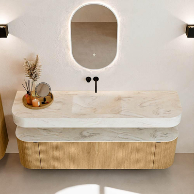 MONDIAZ THOR-DLUX 170cm meuble de salle de bains arrondi gauche + droite couleur Oak avec 1 tiroir et 2 portes. Vasque suspendue CLOUD Milieu sans trou de robinet couleur Ostra.