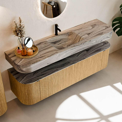 MONDIAZ THOR-DLUX 170cm badmeubel ronding links + rechts kleur Oak met 1 lade en 2 deuren. Vrijhangende wastafel CLOUD Midden 1 kraangat kleur Sombra.