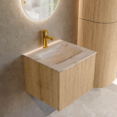 MONDIAZ KURVE-DLUX 50cm badmeubel kleur Oak met 1 lade en 0 deuren. Wastafel GRUNNE Midden 1 kraangat Nata.