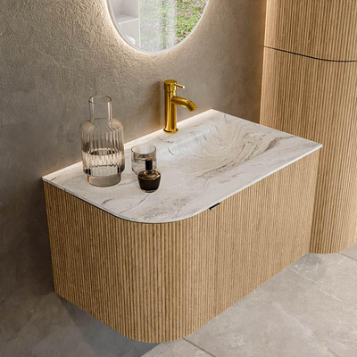 MONDIAZ KURVE-DLUX Meuble de salle de bains 75 cm avec module 25 L couleur Oak avec 1 tiroir et 1 porte. Lavabo GRUNNE à droite 1 trou de robinet couleur Glace.