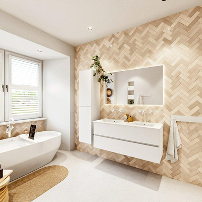 MONDIAZ VICA meuble sous lavabo 120cm Talc 2 tiroirs. Lavabo DENIA double 2 trous de robinet, couleur Blanc Brillant.