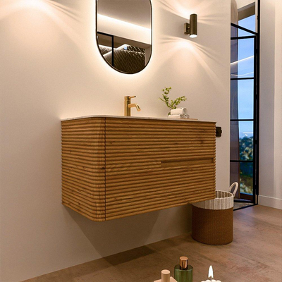 Mondiaz CIRO-DLUX Badkamermeubelset - 90x45x50cm - Solid surface wastafel Ostra - 1 wasbak Midden - 1 kraangat - 2 lades - Oak