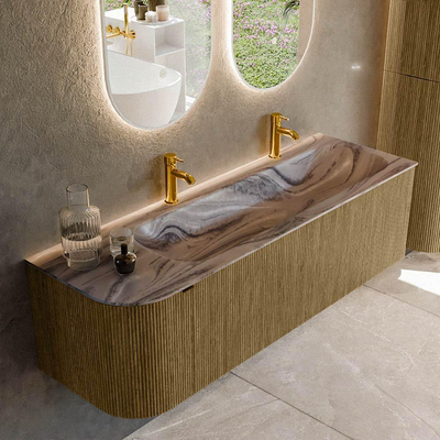 MONDIAZ KURVE-DLUX Meuble de salle de bains 145cm arrondi à gauche couleur Dusk avec 1 tiroir et 1 porte. Lavabo BIG LARGE à droite 2 trous de robinet Sombra.