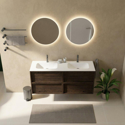 Saniclass Holz Frame Ensemble de meubles de salle de bains - 140x45x61.5cm - Flow lavabo en solid surface blanc - 2 vasques - 2 trous de robinetterie - 4 tiroirs - chêne charcoal mat (bois)