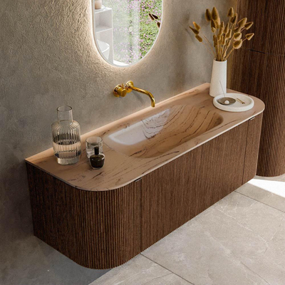 MONDIAZ KURVE-DLUX 130cm badmeubel ronding Links + Rechts kleur Walnut met 1 lade en 2 deuren. Wastafel BIG SMALL Midden zonder kraangat Arena.