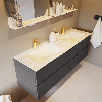 Mondiaz VICA-DLUX ensemble de meuble de salle de bain - 150cm - meuble sous-vasque gris foncé - 2 tiroirs - lavabo encastré cloud double - 2 trous de robinet - version haute de 60cm - ostra