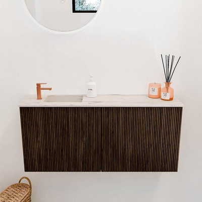 Mondiaz JOYA-DLUX 90cm meuble de salle de bains - couleur Walnut - Vasque FAYE position Gauche 1 trou de robinet couleur Nata.