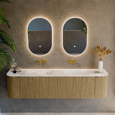 MONDIAZ KURVE-DLUX ensemble meuble de salle de bains - 180cm - arrondis gauche et droite - 2 tiroirs - 2 portes - double vasque Frappe - 2 lavabos - sans trous de robinet - Dusk