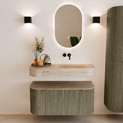 MONDIAZ THOR-DLUX 100cm meuble de salle de bains arrondi gauche + droite couleur Shadow avec 1 tiroir et 2 portes. Vasque suspendue CLOUD droite sans trou de robinet couleur Arena.