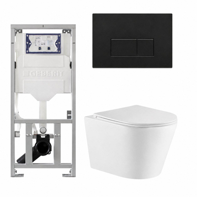 QeramiQ Dely Pack WC - 36.3x51.7cm - à fond creux - sans bride - réservoir WC attenant Geberit UP320 - abattant WC à fermeture douce - plaque de déclenchement noire mate - boutons rectangulaires - blanc brillant