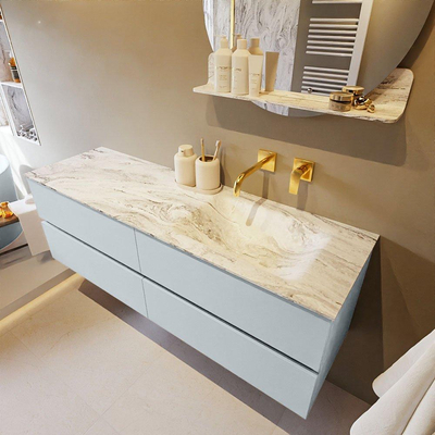 Mondiaz VICA-DLUX ensemble de meuble de salle de bain - 150cm - meuble sous-vasque argile - 4 tiroirs - lavabo encastré nuage droite - sans trous de robinet - version haute de 60cm - glace