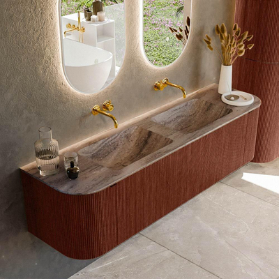 MONDIAZ KURVE-DLUX Meuble de salle de bains 170cm arrondi Gauche + Droit couleur Ruby avec 1 tiroir et 2 portes. Lavabo LEAF Double sans trou de robinet Oza.