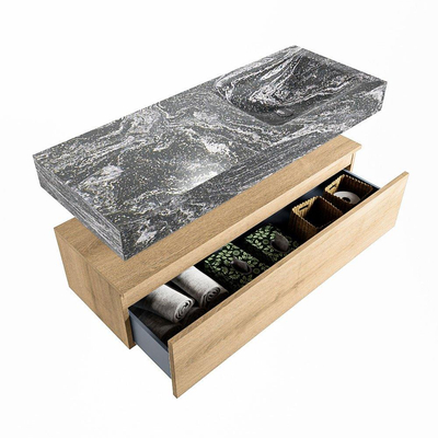 Mondiaz ALAN-DLUX Ensemble de meuble - 120cm - meuble Washed Oak mat - 1 tiroir - Lavabo Cloud Lava suspendu - vasque Droite - 1 trou de robinet
