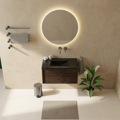 Saniclass Holz Frame Ensemble de meuble de salle de bains - 80x45x42cm - lavabo Vygo en céramique noir - 1 vasque - sans trou de robinet - 1 tiroir - chêne charcoal mat (bois)