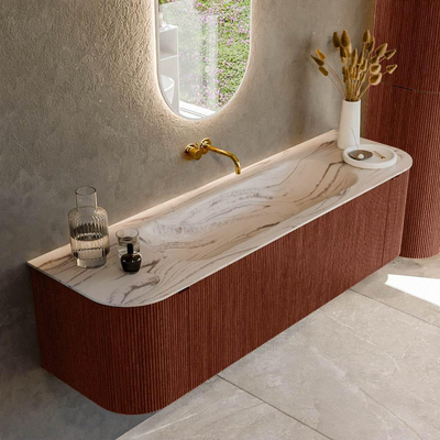 MONDIAZ KURVE-DLUX 160cm badmeubel ronding Links + Rechts kleur Ruby met 1 lade en 2 deuren. Wastafel BIG MEDIUM Midden zonder kraangat Nata.