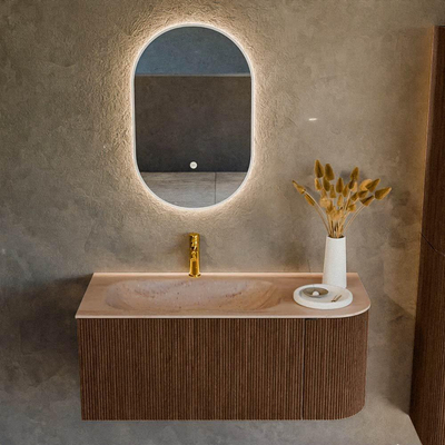 MONDIAZ KURVE-DLUX meuble de salle de bain 105cm courbe à droite couleur noyer avec 1 tiroir et 1 porte. Lavabo BIG SMALL à gauche 1 trou de robinet Saba.