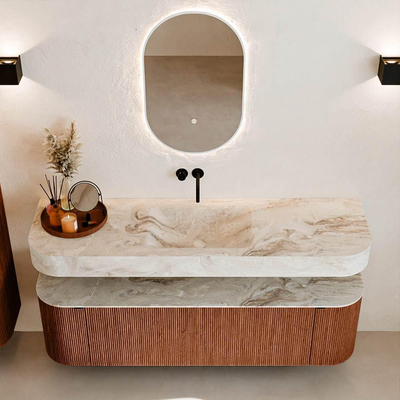 MONDIAZ THOR-DLUX Meuble de salle de bains - 160cm - arrondi gauche + droite - couleur Ruby - 1 tiroir - 2 portes - Vasque suspendue CLOUD Milieu sans trou de robinet - couleur Frappe