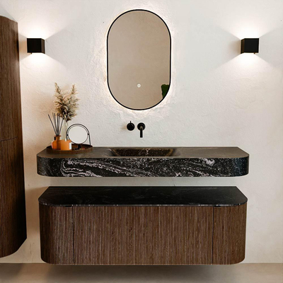 MONDIAZ THOR-DLUX 140cm badmeubel ronding links + rechts kleur Walnut met 1 lade en 2 deuren. Vrijhangende wastafel CLOUD Midden zonder kraangat kleur Lava.