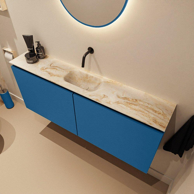 MONDIAZ TURE-DLUX Meuble toilette - 120cm - Jeans - EDEN - vasque Frappe - position centrale - sans trou de robinet