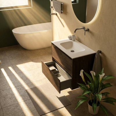 Saniclass Holz Pure Ensemble de meubles de salle de bains - 80x45x61.5cm - lavabo Flow en solid surface blanc - 1 vasque - sans trou de robinetterie - 2 tiroirs - chêne charcoal mat (bois)