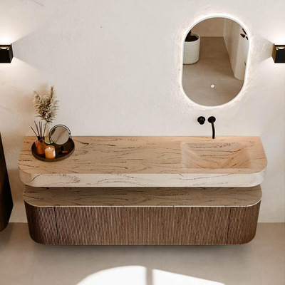 MONDIAZ THOR-DLUX 180cm badmeubel ronding links + rechts kleur Walnut met 2 lades en 2 deuren. Vrijhangende wastafel CLOUD Rechts zonder kraangat kleur Arena.