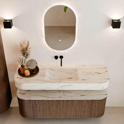 MONDIAZ THOR-DLUX 140cm badmeubel ronding links + rechts kleur Walnut met 1 lade en 2 deuren. Vrijhangende wastafel CLOUD Midden zonder kraangat kleur Nata.