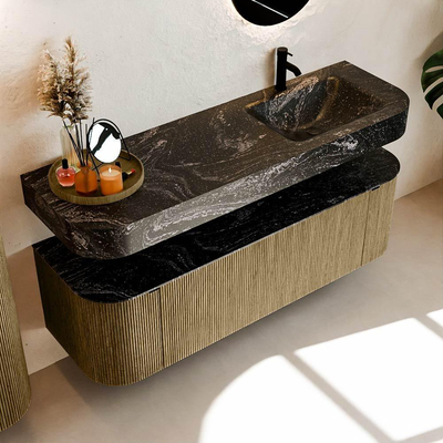 MONDIAZ THOR-DLUX 150cm meuble de salle de bains arrondi gauche + droite couleur Dusk avec 1 tiroir et 2 portes. Vasque suspendue CLOUD Droite 1 trou de robinet couleur Lava.