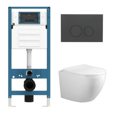 Adema Salina 2.0 Toiletset - 48.5x36x32cm - diepspoel - spoelrandloos - QeramiQ inbouwreservoir - softclose - quickrelease - toiletzitting - mat antraciet kunststof bedieningsplaat - ronde knoppen - wit