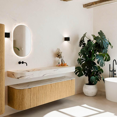 MONDIAZ THOR-DLUX Meuble de salle de bains 170cm arrondi gauche + droite couleur Oak avec 1 tiroir et 2 portes. Vasque suspendue CLOUD Gauche sans trou de robinet couleur Nata.