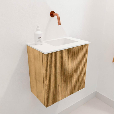 Mondiaz JOYA 40cm toiletmeubel - kleur Oak - Wastafel FAYE positie Rechts Zonder kraangat kleur Talc.