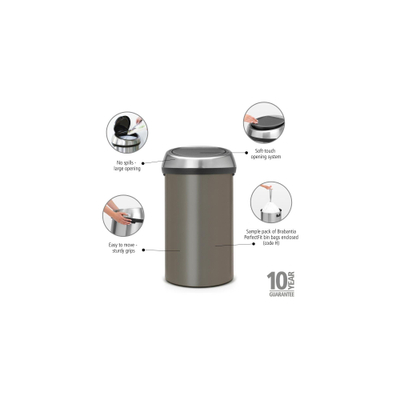 Brabantia Touch Bin Afvalemmer - 60 liter - platinum/matt steel fingerprint proof
