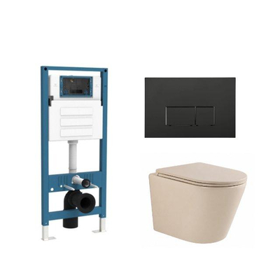 QeramiQ Dely Ensemble de WC - réservoir encastré Qeramiq Flush - abattant slim - plaque de commande noire mate en plastique - boutons rectangulaires - beige